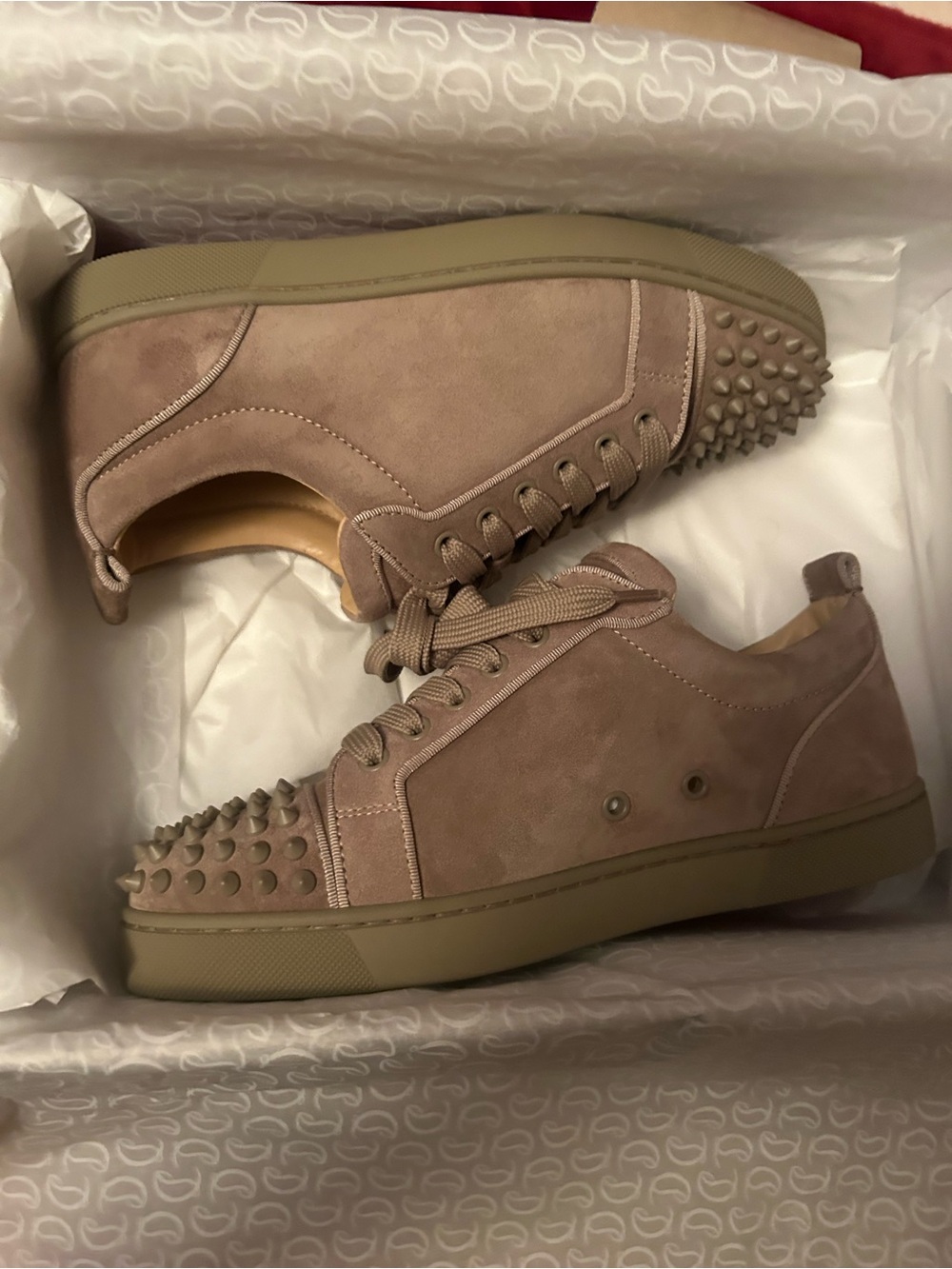 Christian Louboutin Men's Taupe Suede Spike-Toe Low-Top Sneakers